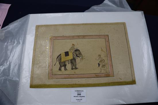 A late 17th century Mughal India gouache and ink gold and silver on paper drawing of an elephant with mahout and trainers, 4.25 x 6.5in